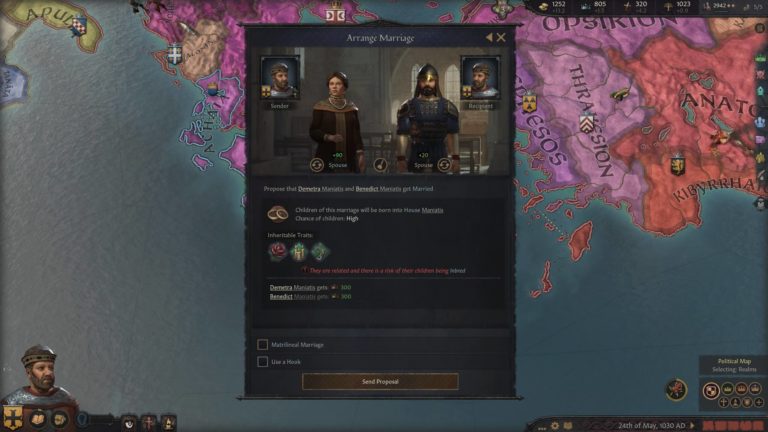 Screenshot of the Arrange Marriage screen in Crusader Kings 3