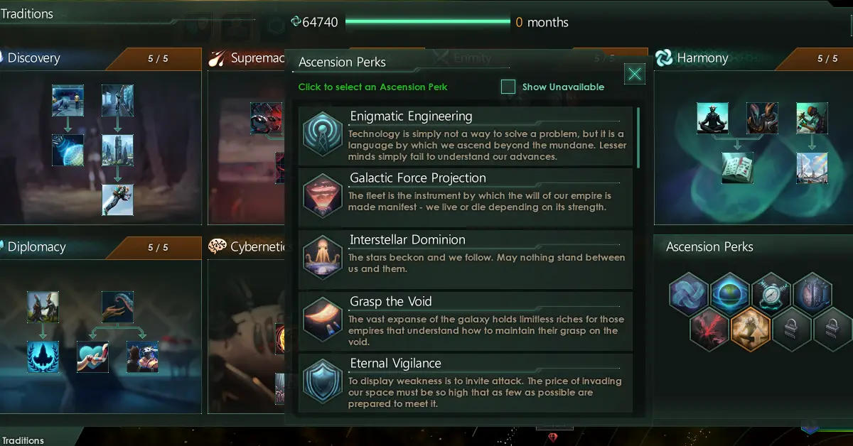 Screenshot of the ascension perks screen in Stellaris