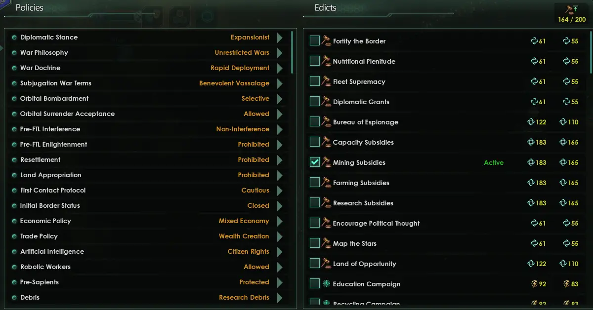 Screenshot of the edicts screen in Stellaris