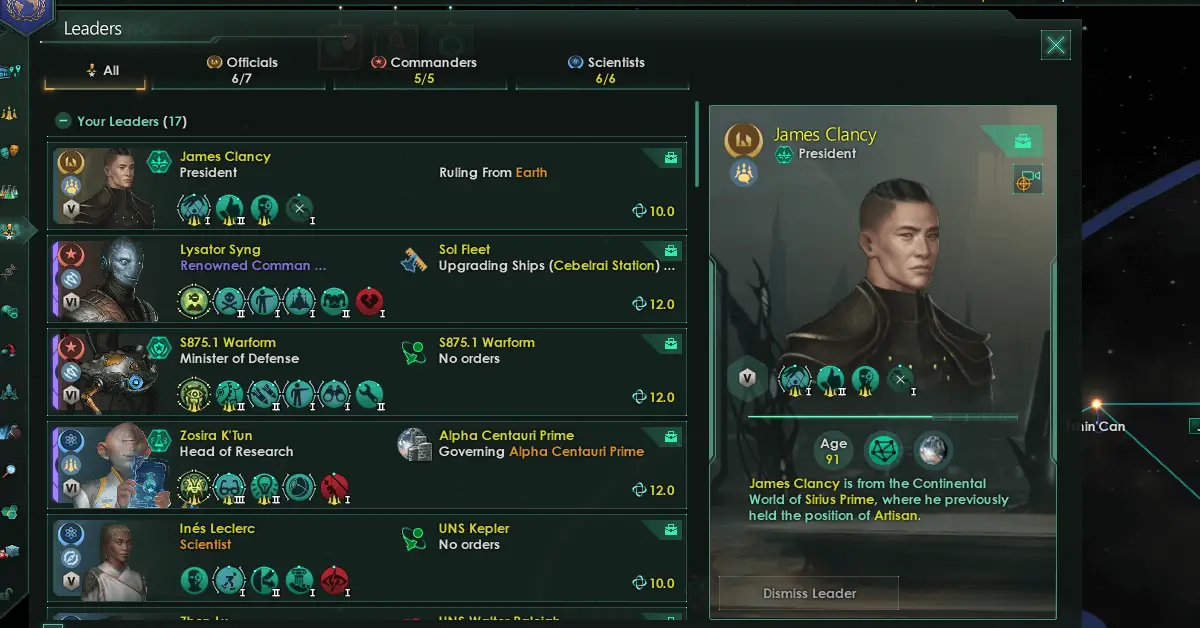 Screenshot of the leaders screen in Stellaris